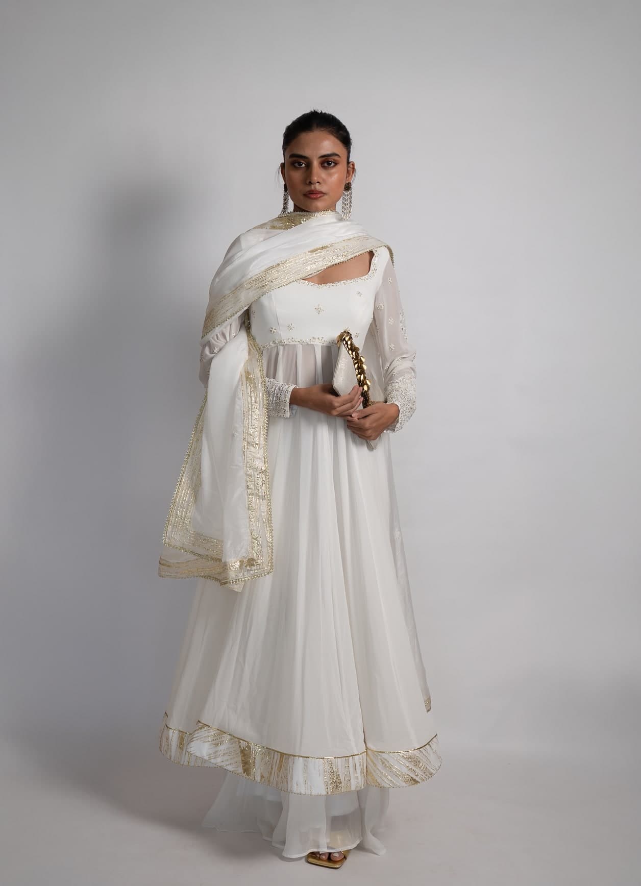 Tara full-sleeve anarkali in ivory, front view, full length with matching dupatta