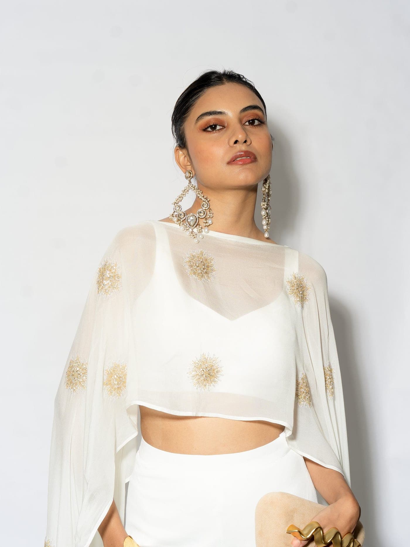 Sol — ivory pant set with cape, another view