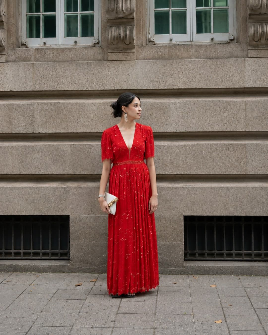 Kate ball-gown anarkali in red, full length, photographed on a Paris street