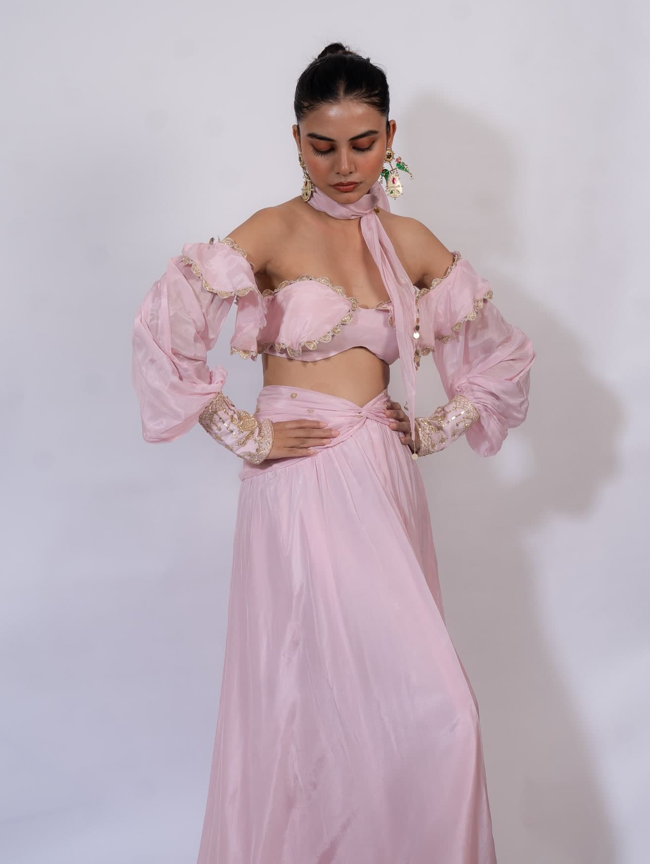 Jasmine lehenga set in blush pink, front view, off-shoulder blouse with full sleeves