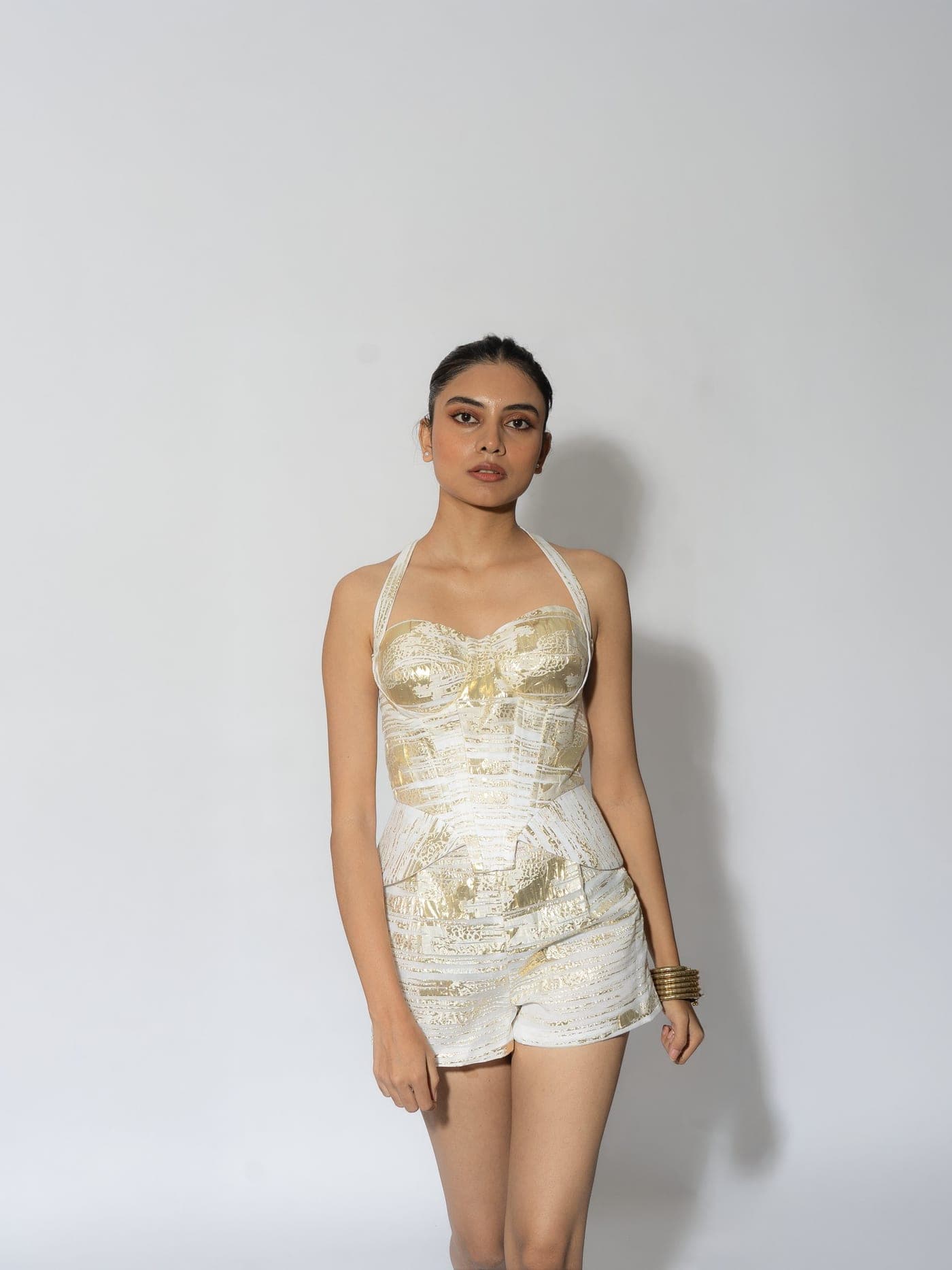 Amari — gold jacquard corset top and shorts